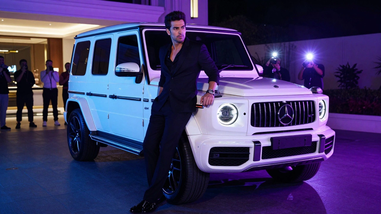 Bollywood star posing with white G-Wagon under neon lights