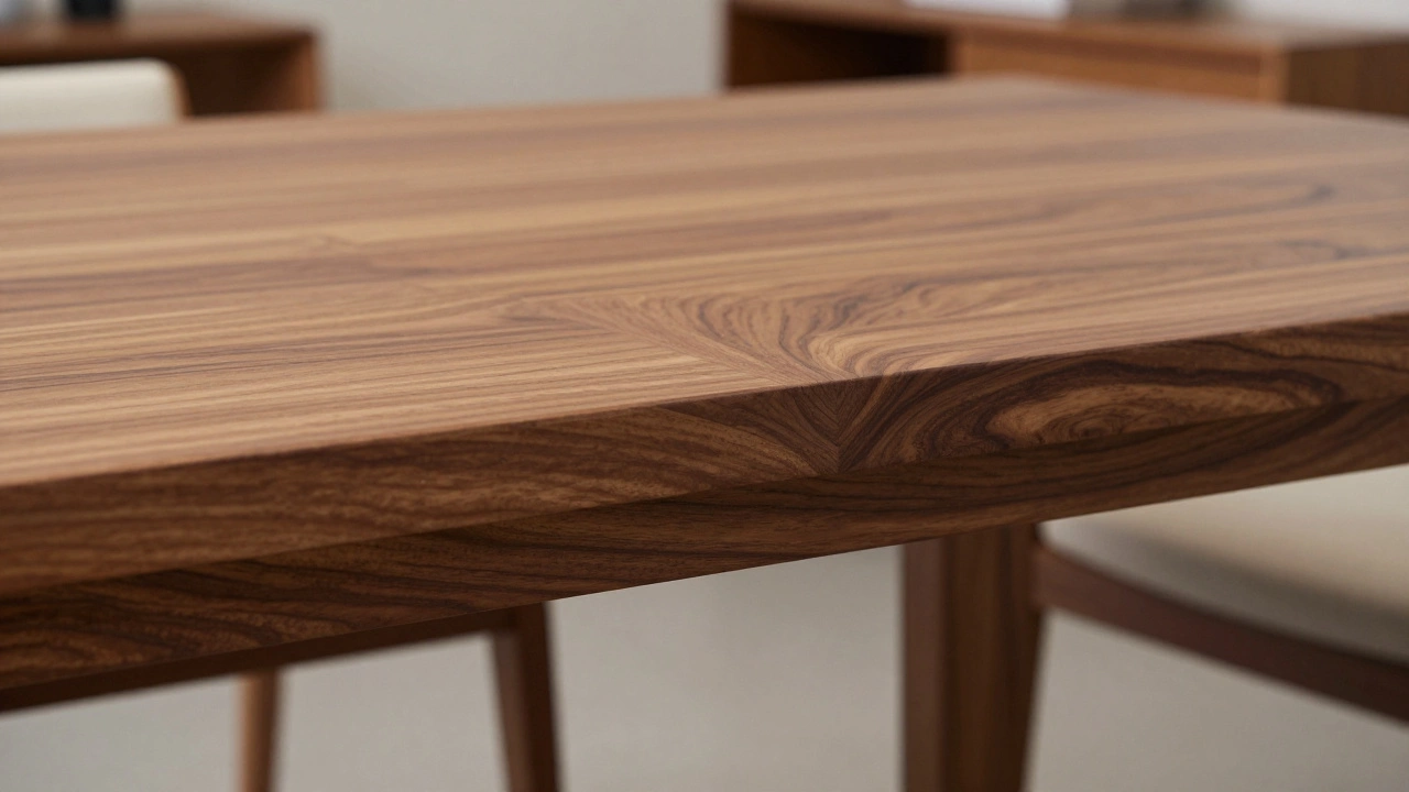 Close-up of intricate mortise-and-tenon wood joinery on a high-end teak dining table