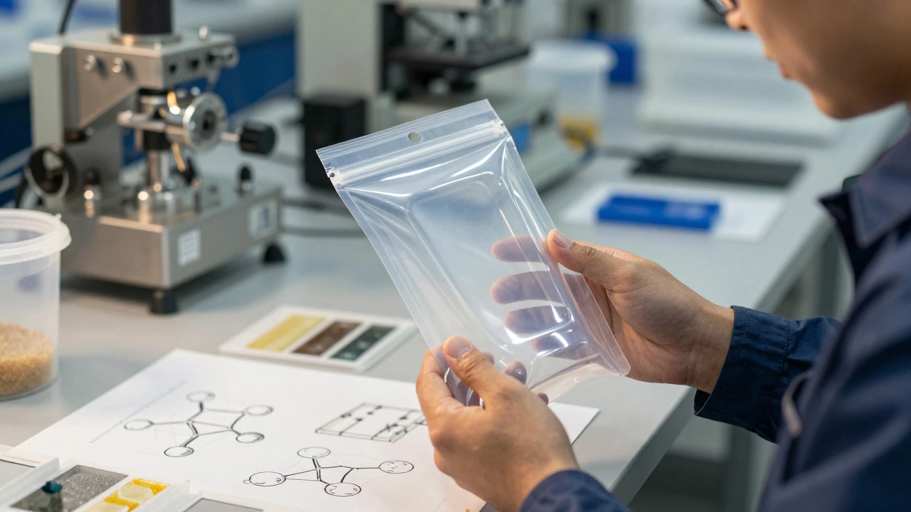 Engineer inspecting recyclable packaging prototype in a modern manufacturing lab