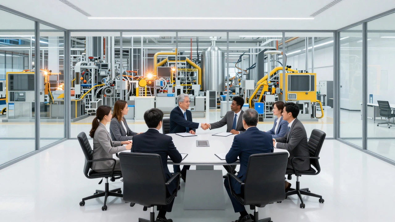 Executives signing deals in a boardroom above a factory