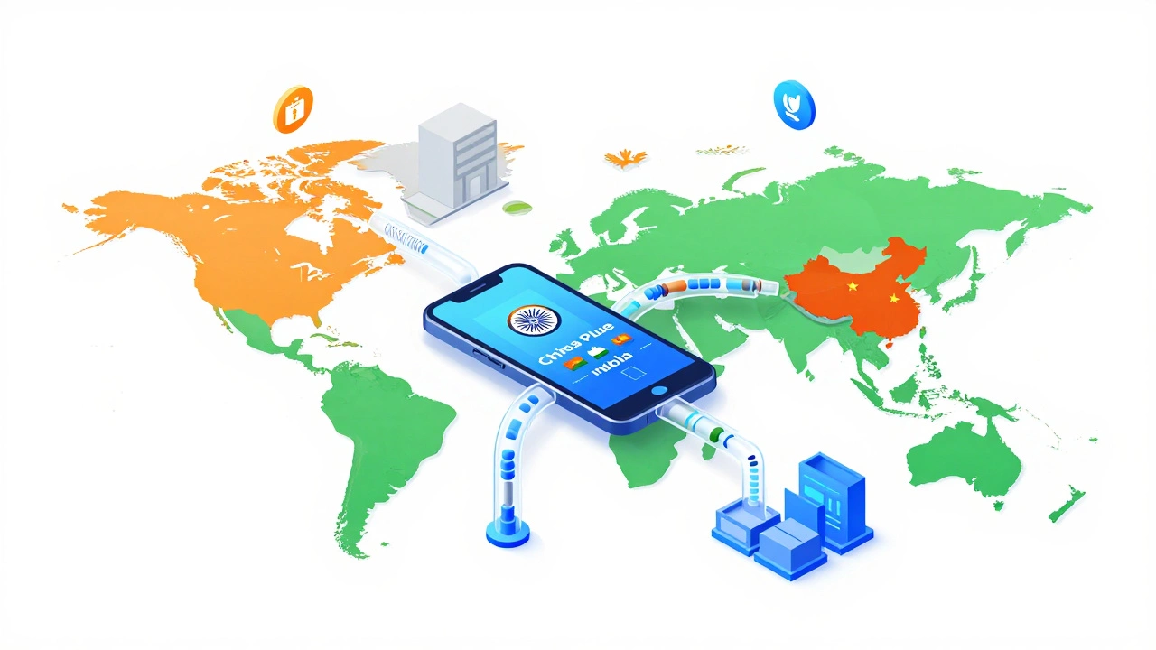 Isometric view of global electronics supply chain centered on India