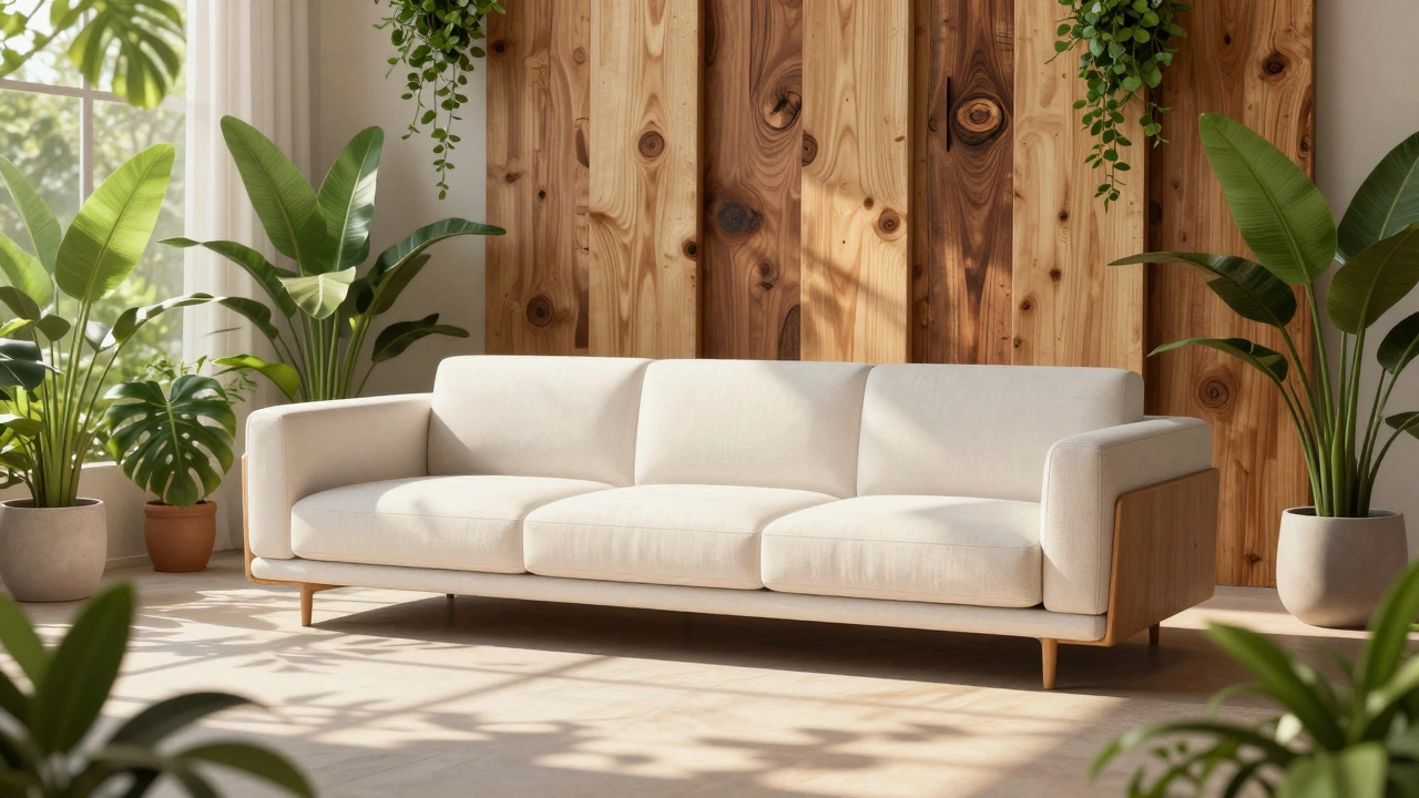 Modern sustainable sofa in a bright room with plants, symbolizing eco-friendly luxury