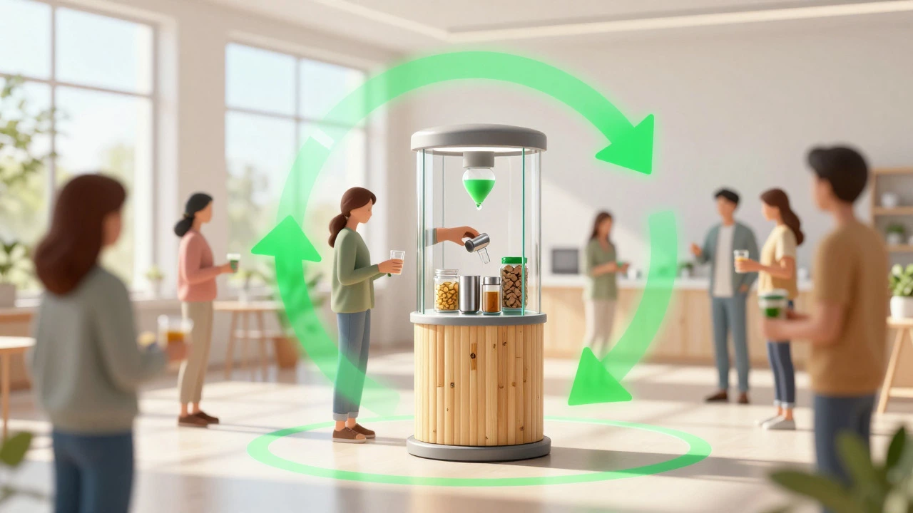 People using reusable containers at a modern community refill station