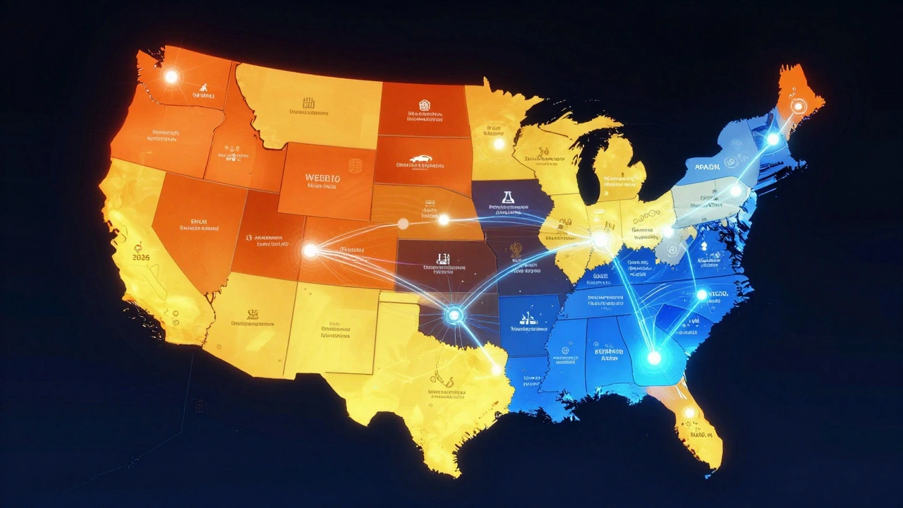Stylized map showing specialized manufacturing hubs across the USA