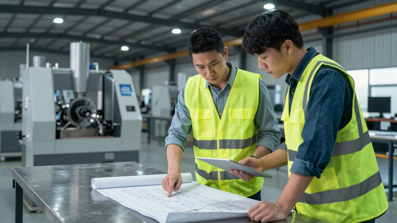 Two partners reviewing blueprints in a small factory