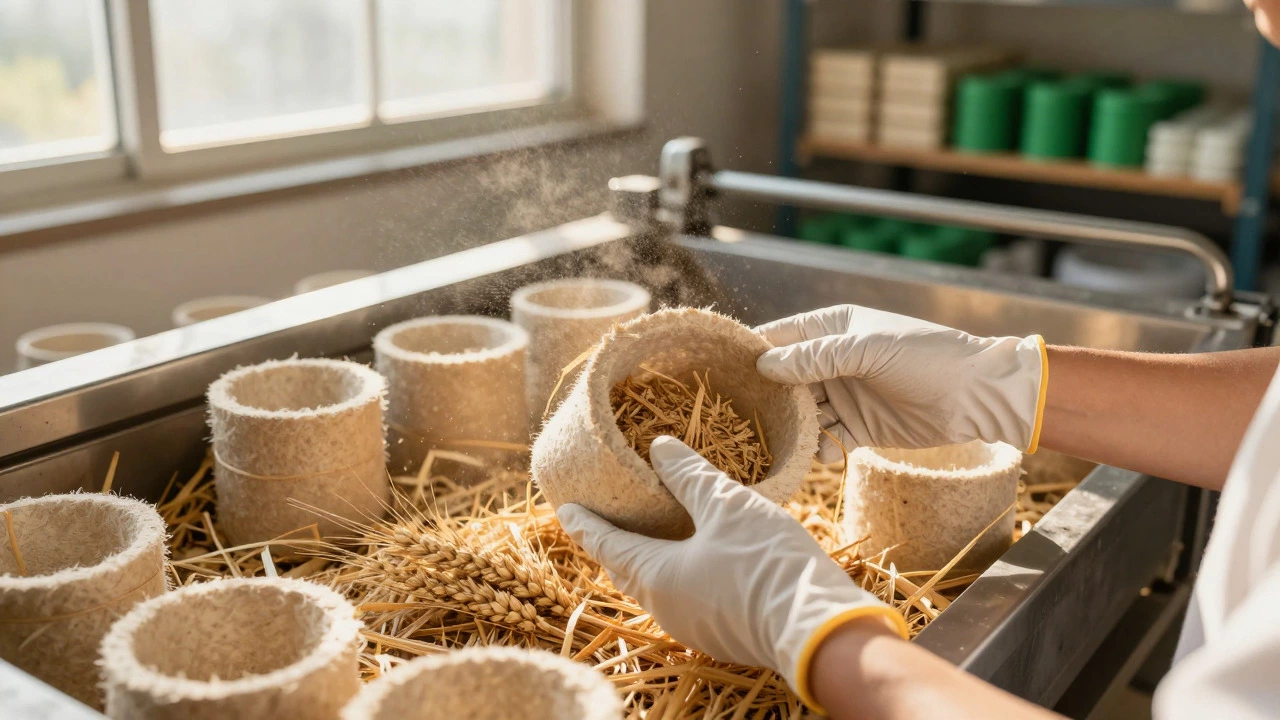 Worker handling biodegradable bagasse packaging in a sunlit facility