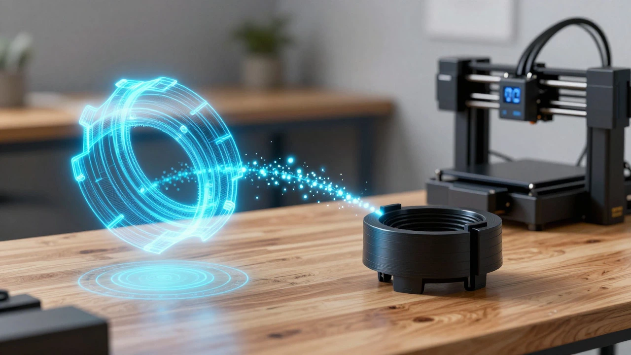 Conceptual art showing a digital 3D model transforming into a physical printed object