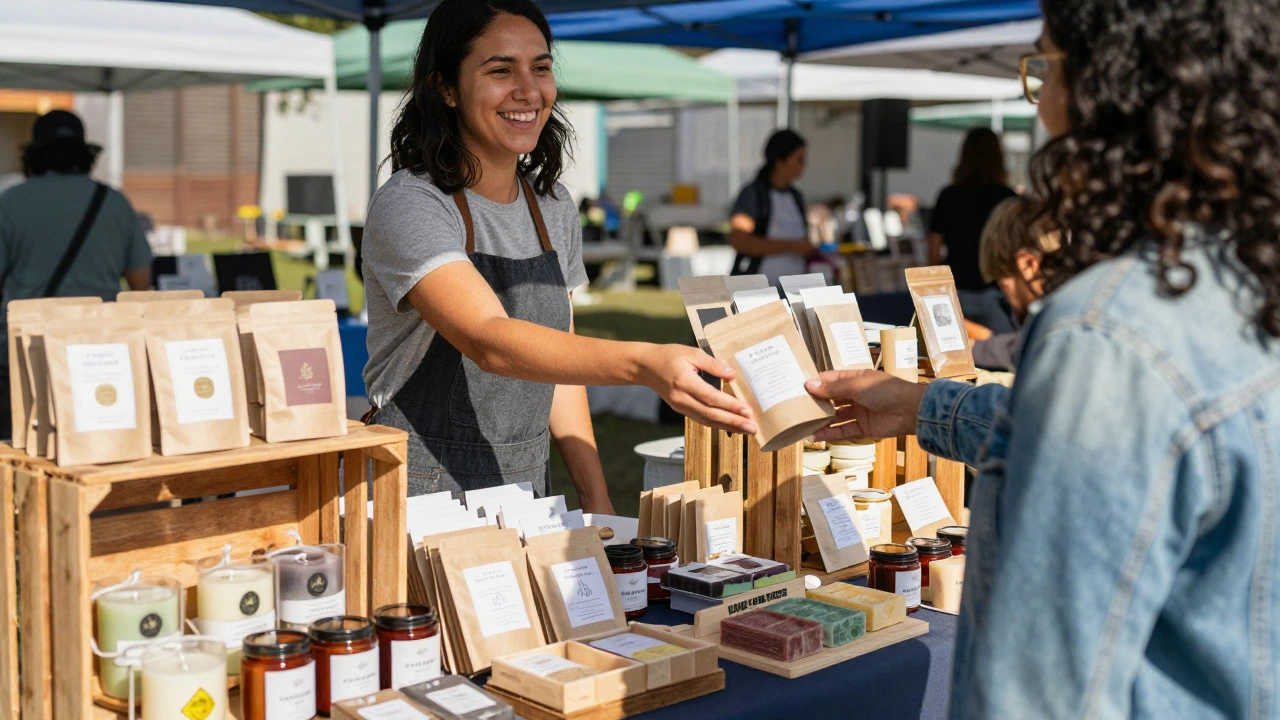 Entrepreneur selling handmade candles and soaps at a busy outdoor farmers market