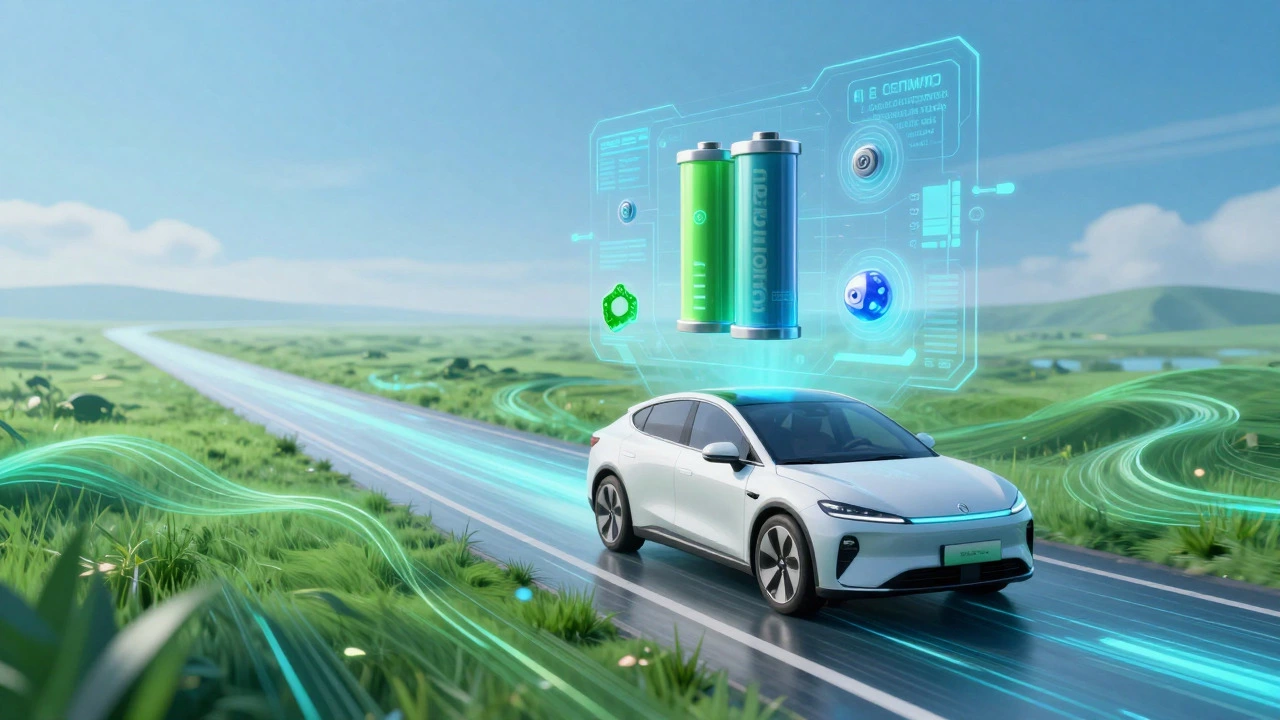Futuristic electric vehicle with holographic battery components illustrating green tech trends
