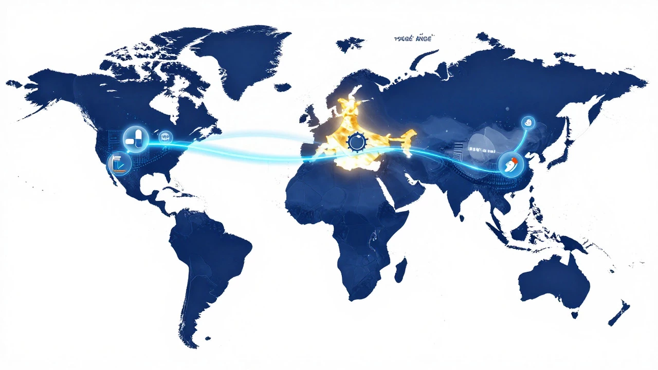 Glowing map showing global supply chains shifting towards India as a central hub