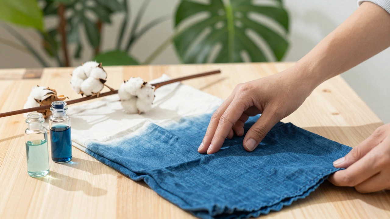 Hands holding organic cotton fabric with eco-friendly dyes