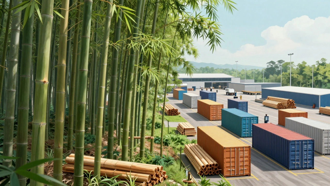 Illustration of bamboo forests transitioning into a sustainable logistics hub