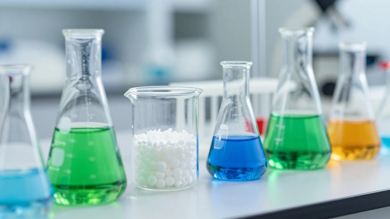 Laboratory beakers filled with colorful chemicals representing different industrial segments