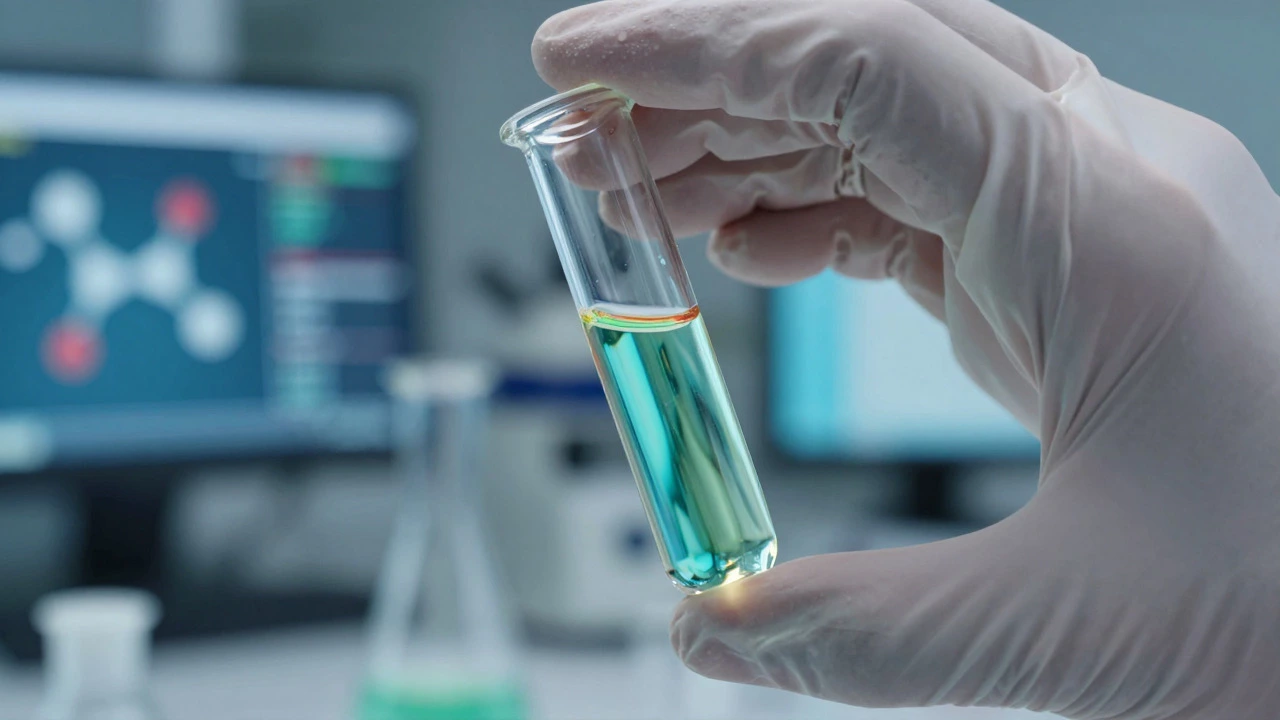 Scientist holding a vial of iridescent liquid in a high-tech laboratory setting