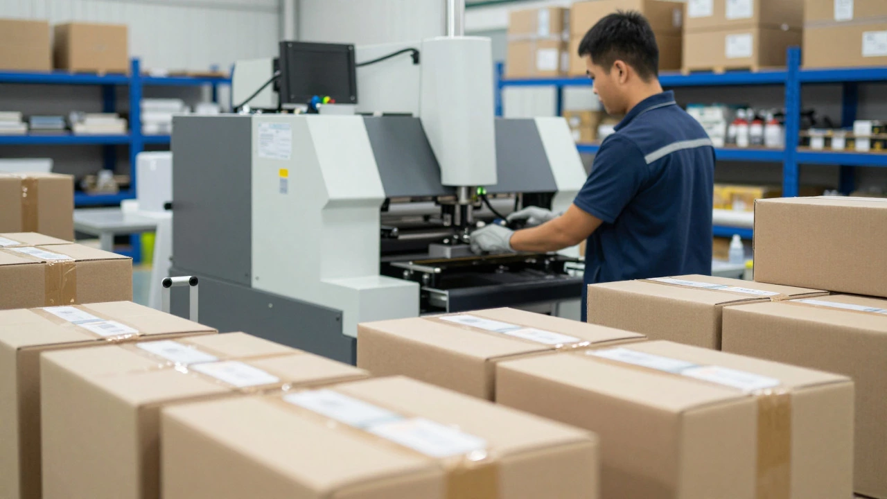 Small factory packaging goods for shipment in an organized warehouse