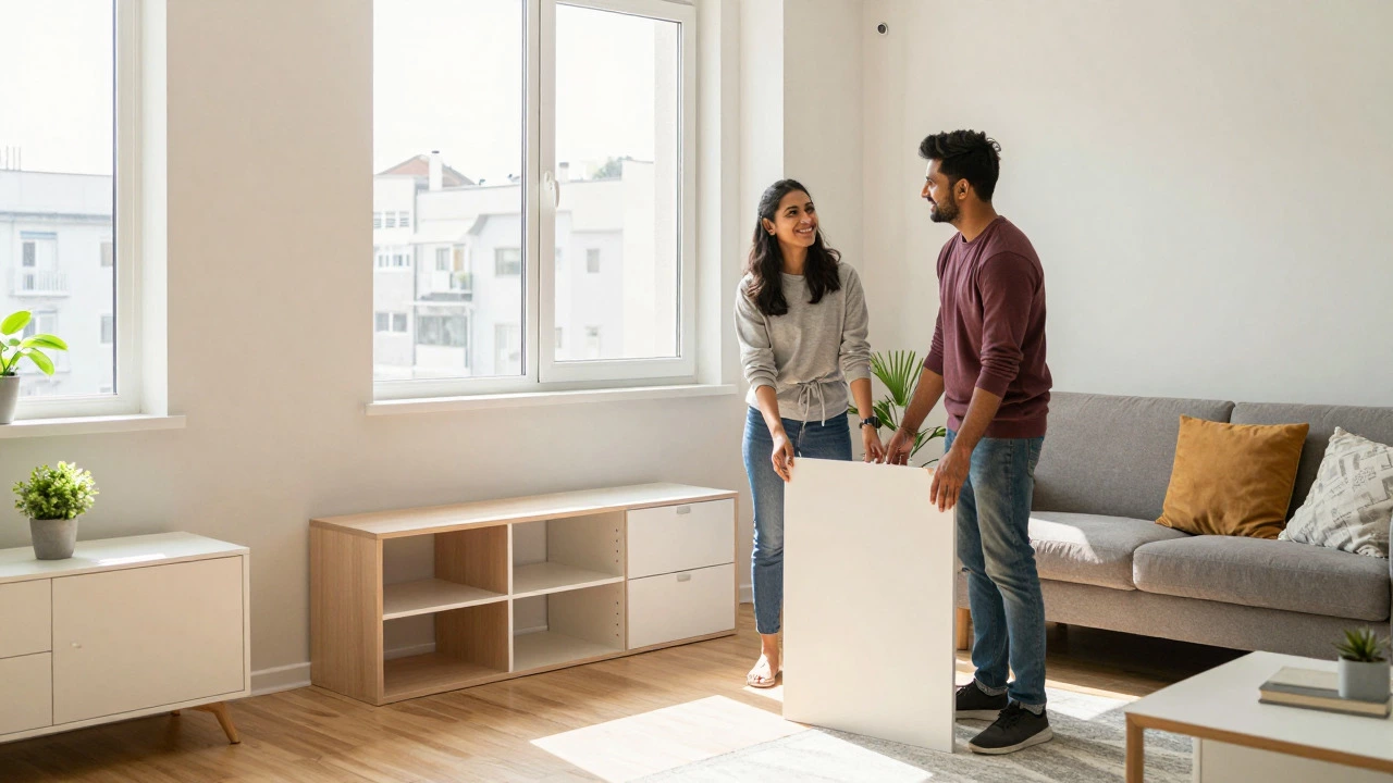 Young couple setting up modular furniture in a small urban apartment