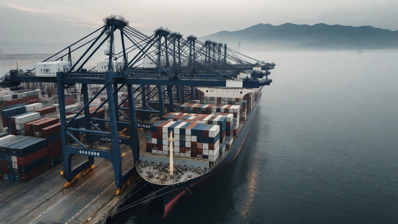 Aerial view of a shipping port with steel containers at dawn