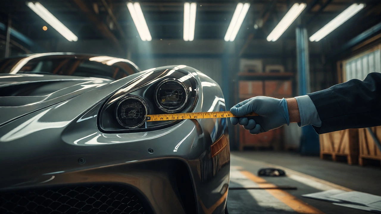 Close-up of a sports car bumper being measured by a customs official in a warehouse.