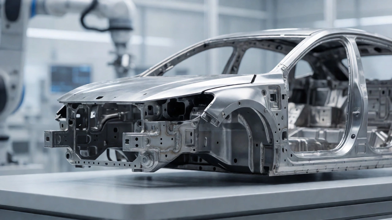 Close-up of high-strength steel automotive chassis in a lab