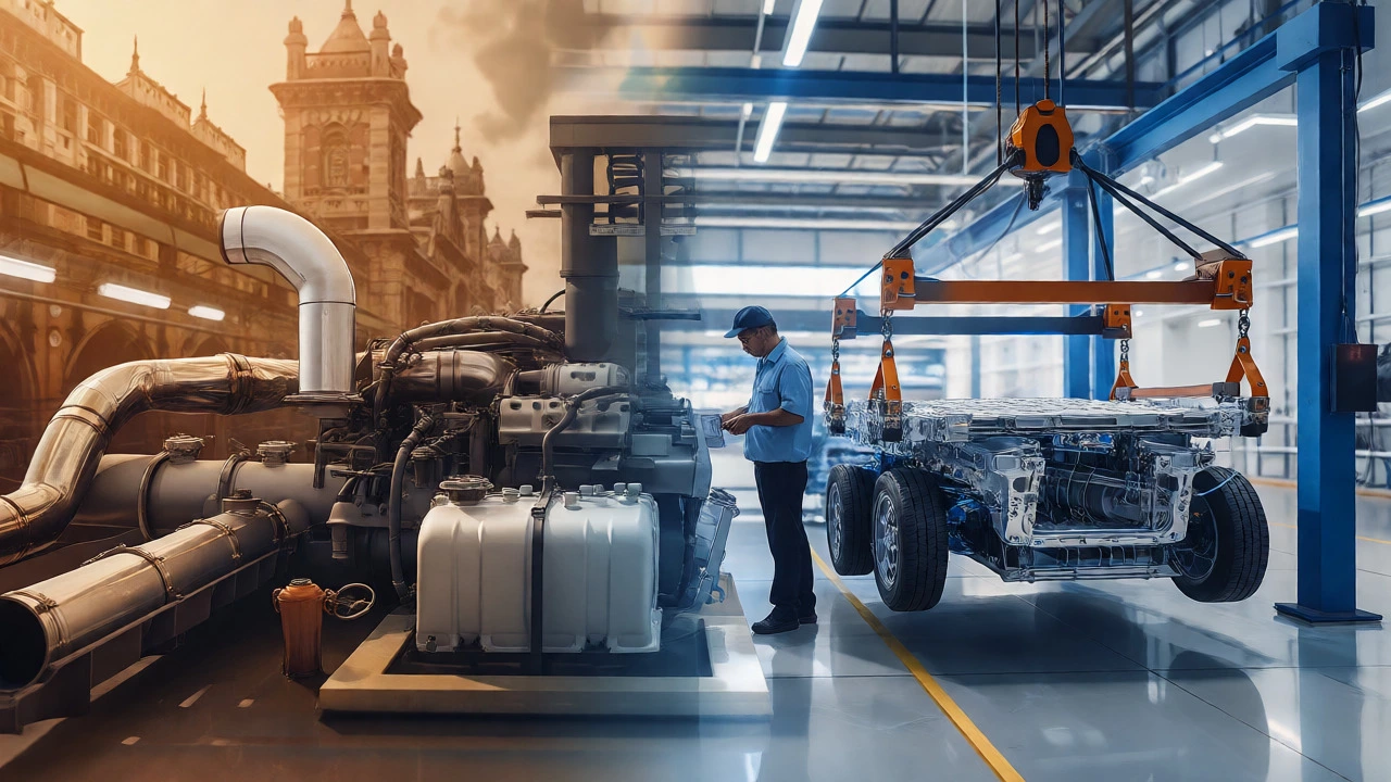 Conceptual art illustrating Tata Motors' shift from traditional engines to electric vehicle battery assembly in Pune.