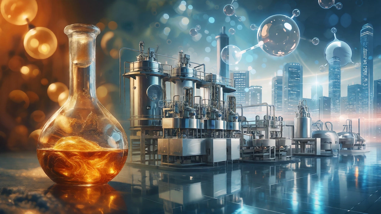 Conceptual art showing the evolution of Indian pharma from antique flasks to modern biotech labs.