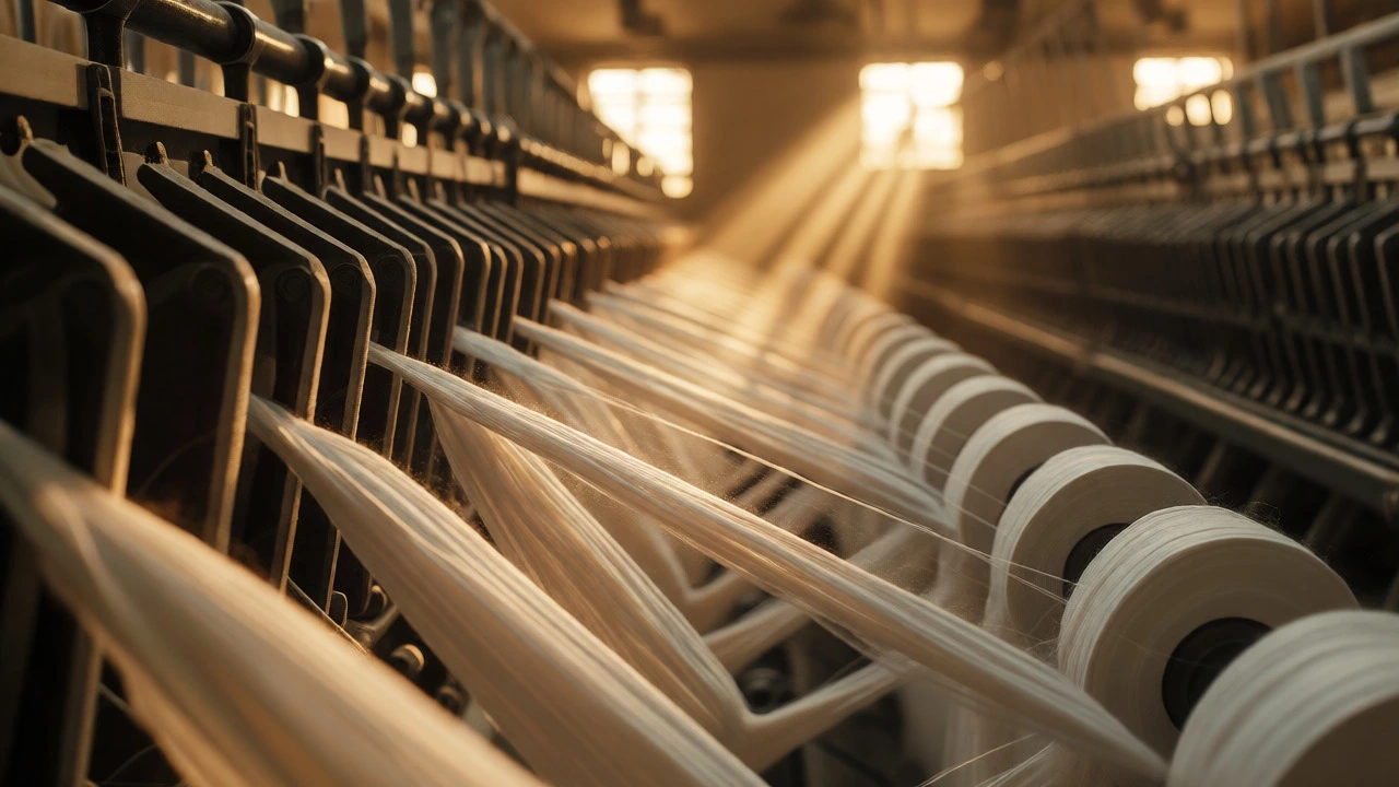 Cotton yarn spinning on industrial machinery in a Bhilwara mill