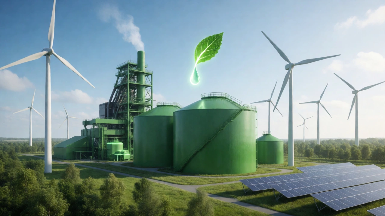Futuristic green steel plant with hydrogen tanks and wind turbines