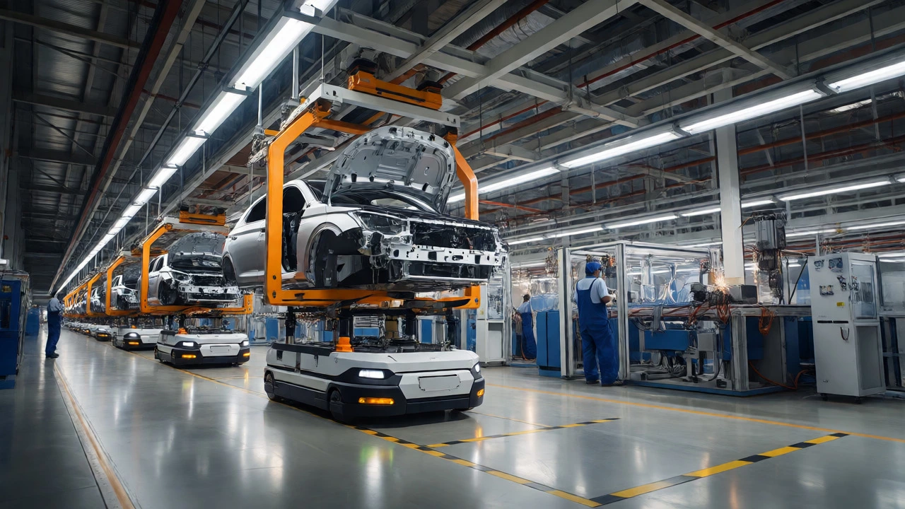 Interior of Hyundai's Chennai plant showing automated assembly lines and robotic welding systems in action.
