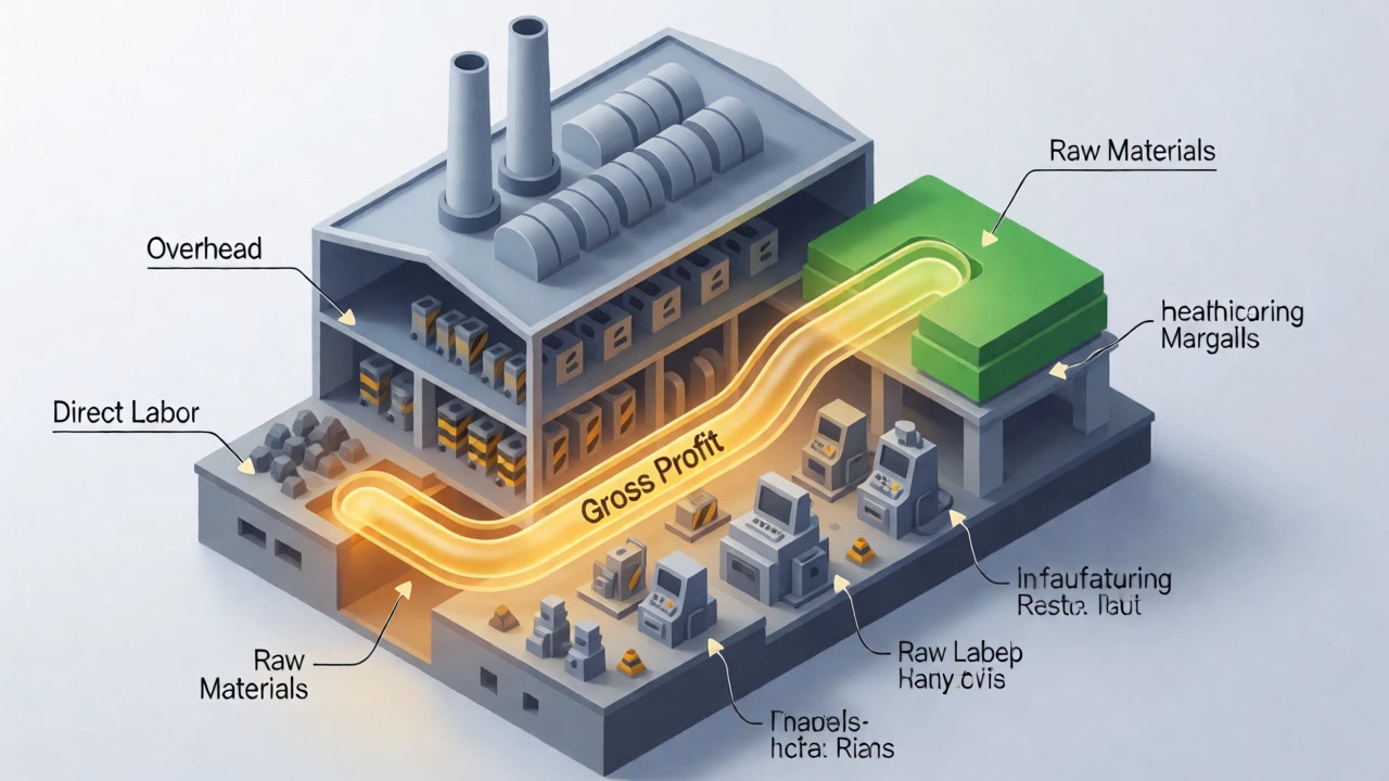Isometric diagram showing factors affecting manufacturing gross profit