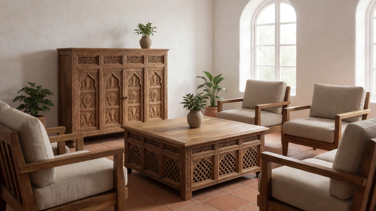 Living room featuring ornate carved mango wood furniture and neutral textiles