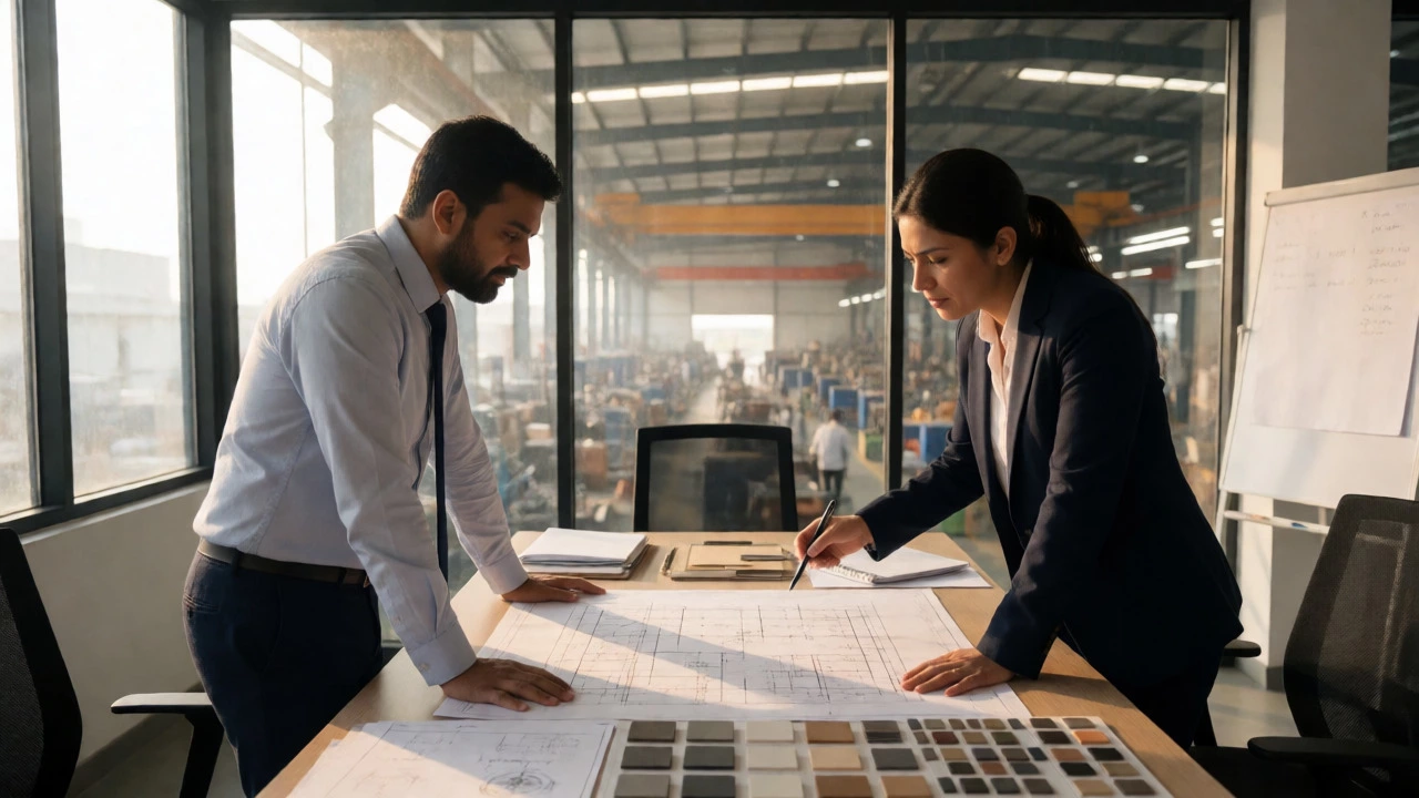 Managers discussing strategy in an office overlooking a factory