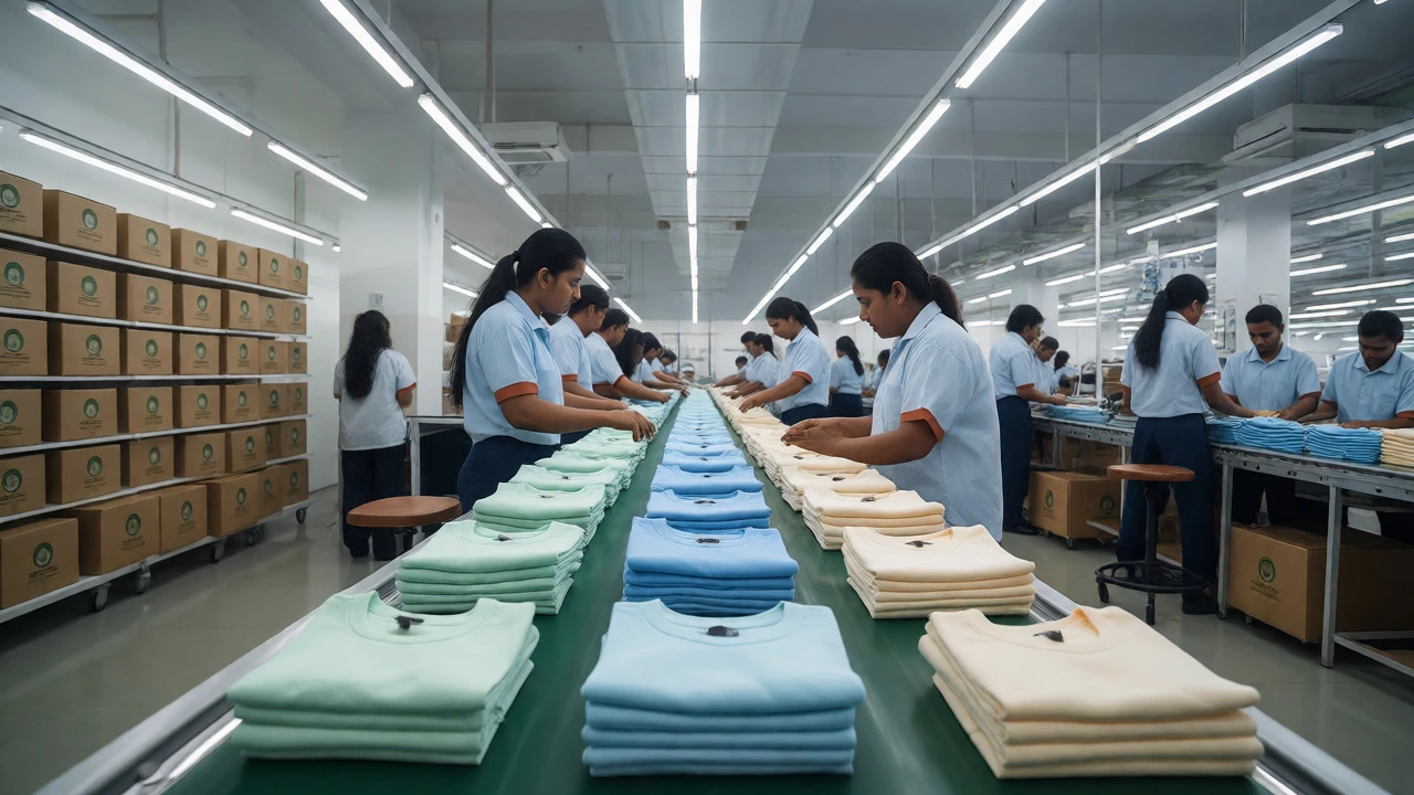 Organic cotton T-shirts moving along a conveyor belt in a Tirupur factory