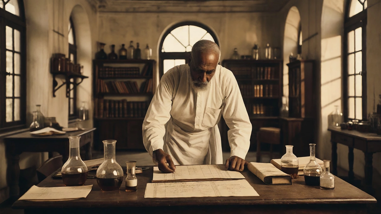 Portrait of Cipla founder Khwaja Abdul Hamied examining medicine in his 1935 Mumbai laboratory.