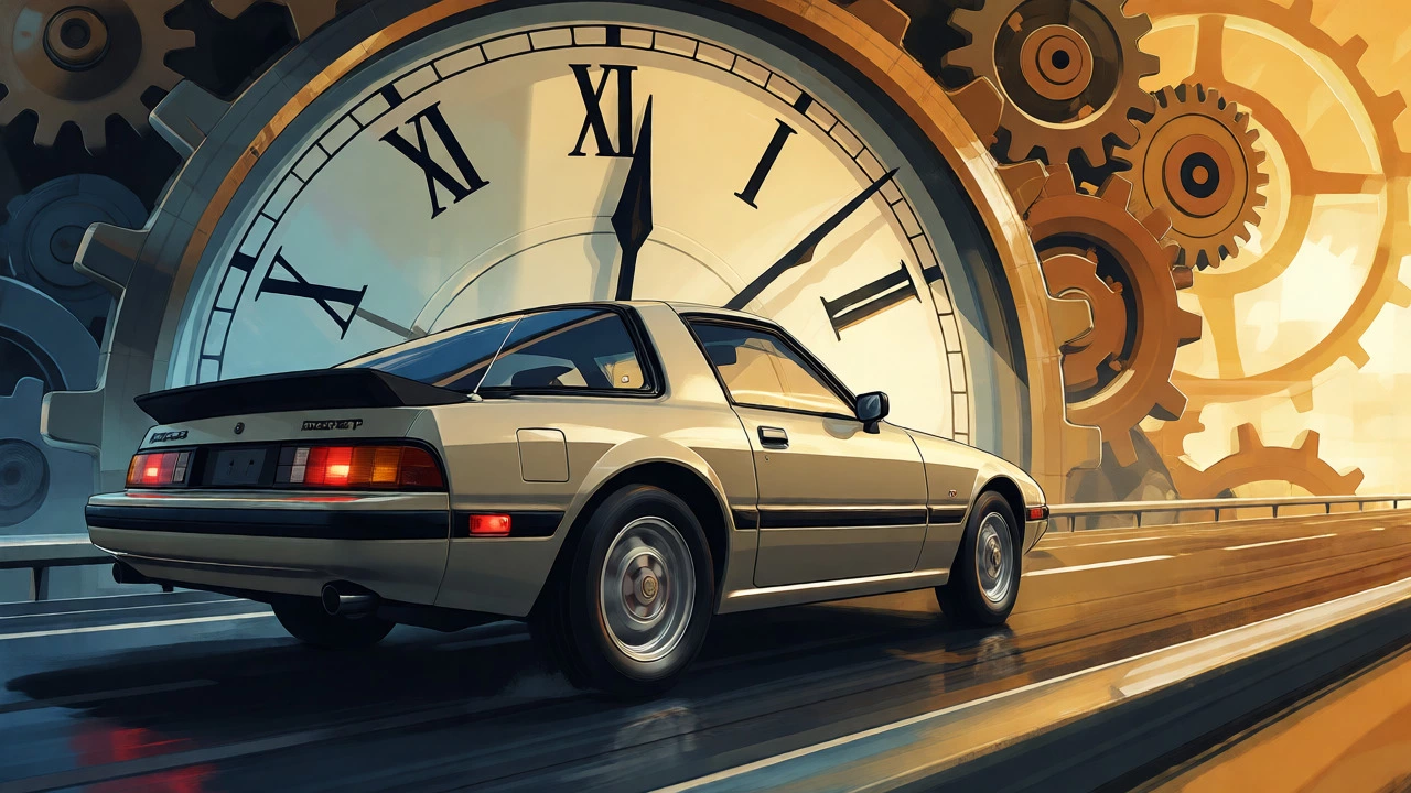Vintage Mazda RX-7 driving through a large clock representing the 25-year rule.
