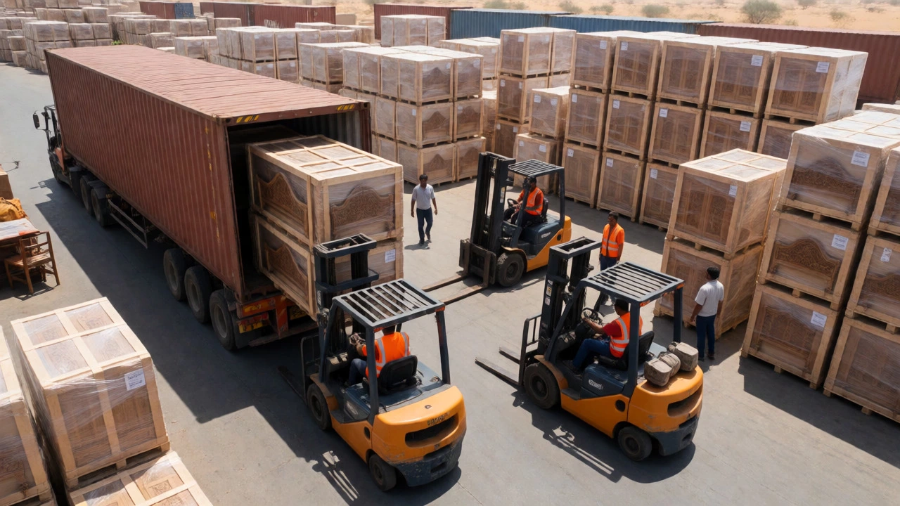 Workers loading wooden furniture crates into shipping containers for export