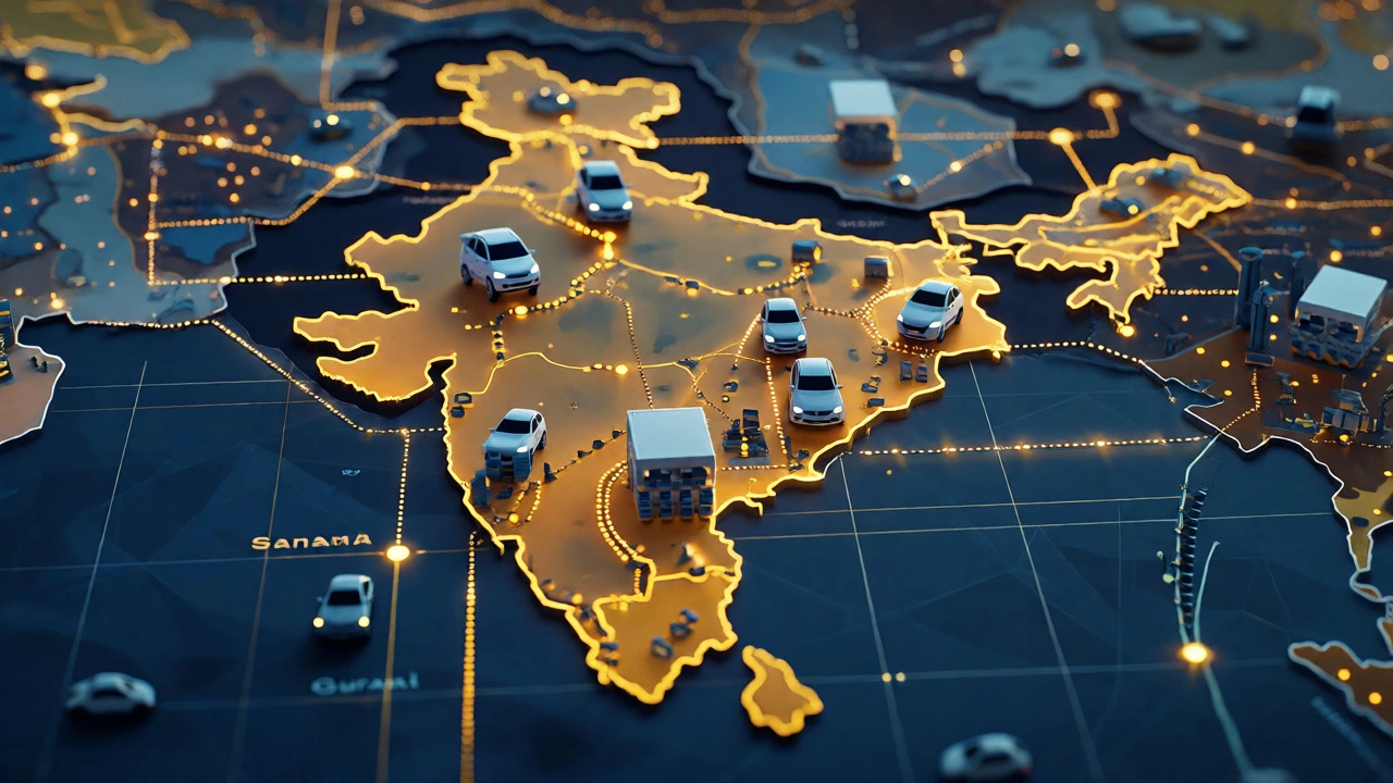 Aerial conceptual map of India highlighting major automobile manufacturing hubs