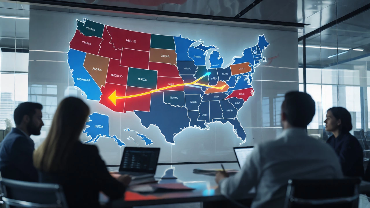 Business team viewing a digital map of global machinery import routes to the US