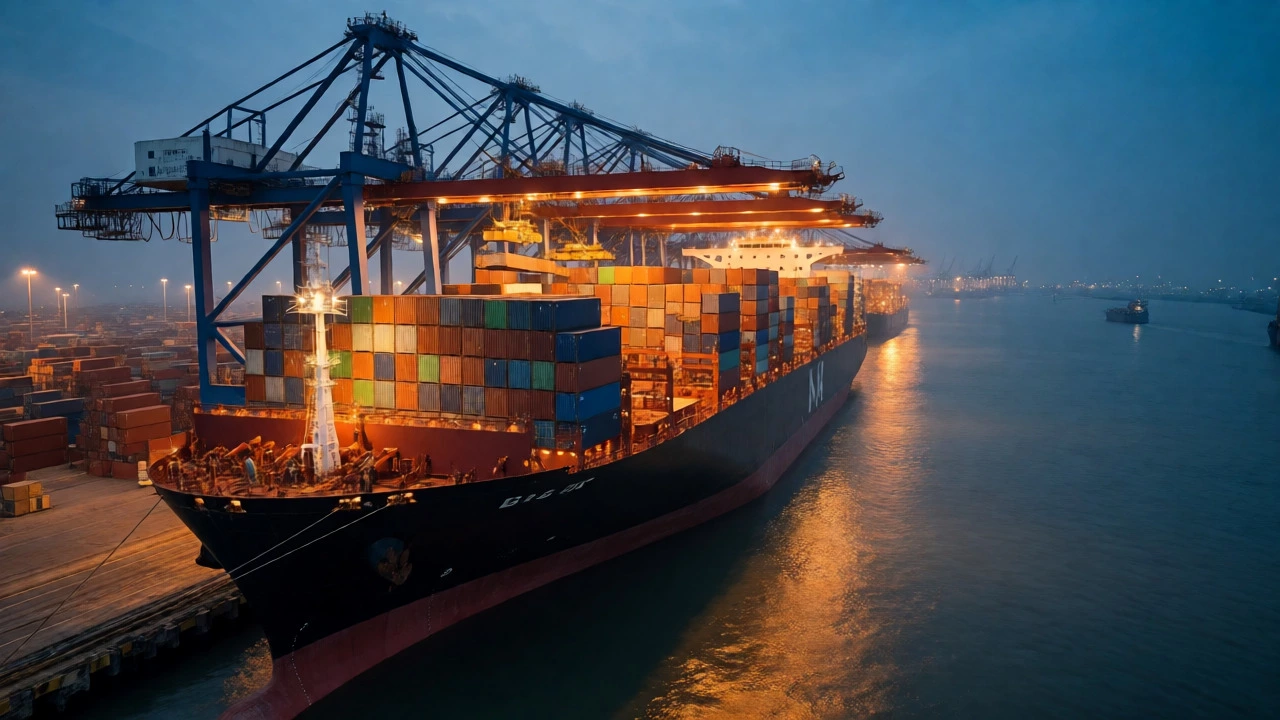 Container ship being loaded at Nhava Sheva port at dusk