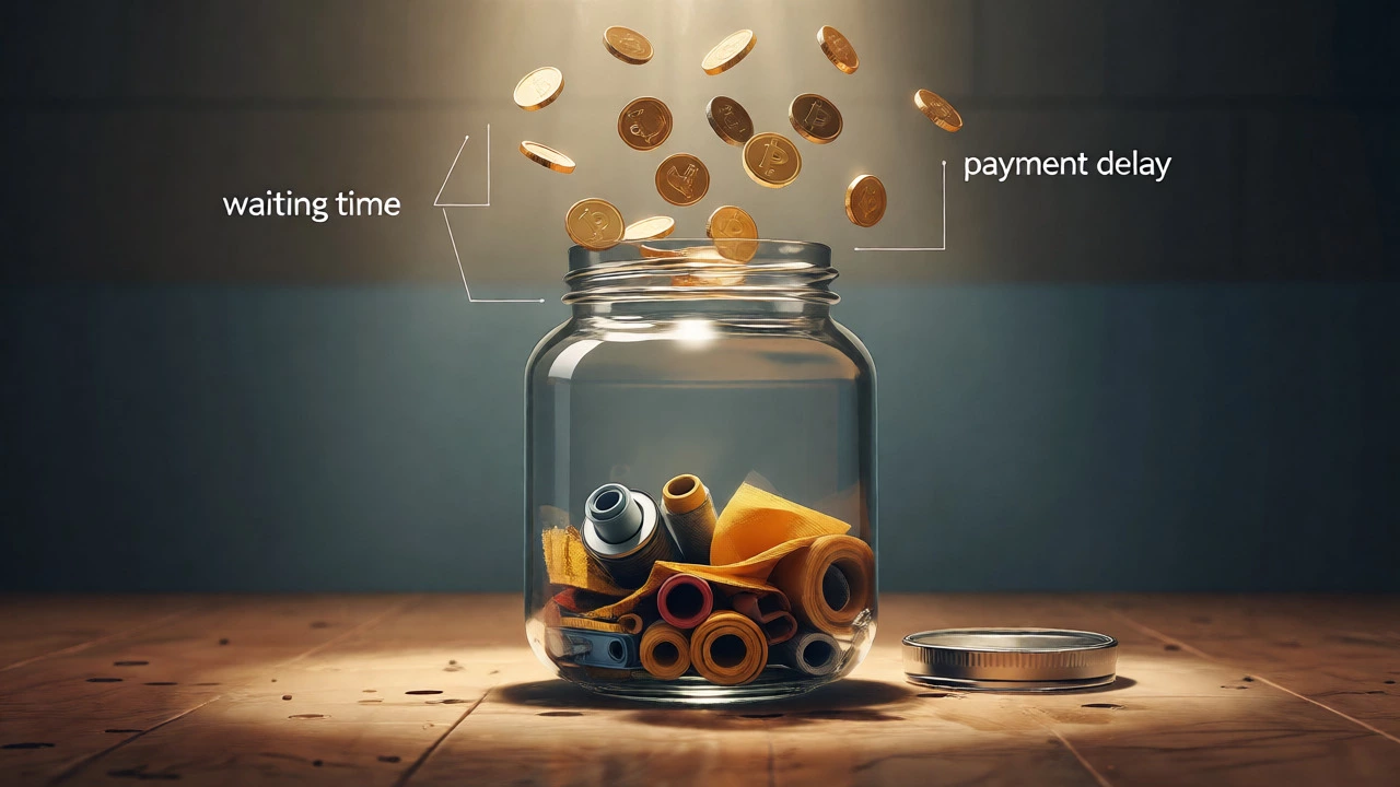 Glass jar with materials and floating coins illustrating cash flow delays.