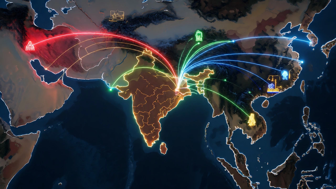 Glowing trade route map showing organic chemical imports to India