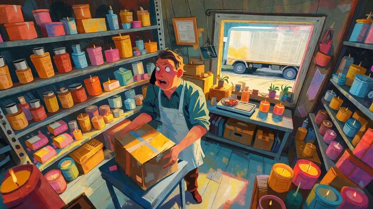 Overwhelmed entrepreneur managing multiple tasks in a crowded craft studio.