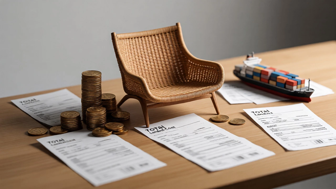 Rattan chair surrounded by symbols of import costs
