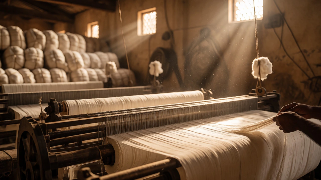 Raw cotton bales and grey fabric rolls in a sunlit Bhilwara spinning mill