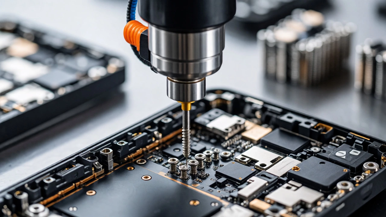 Robotic arm inserting a screw into an electronic device assembly line