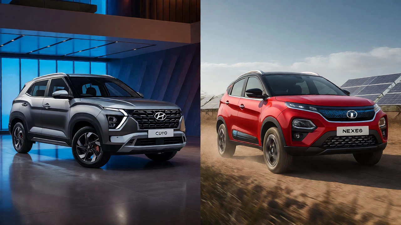 Split view comparing a Hyundai SUV in a showroom and a Tata EV on a rural road