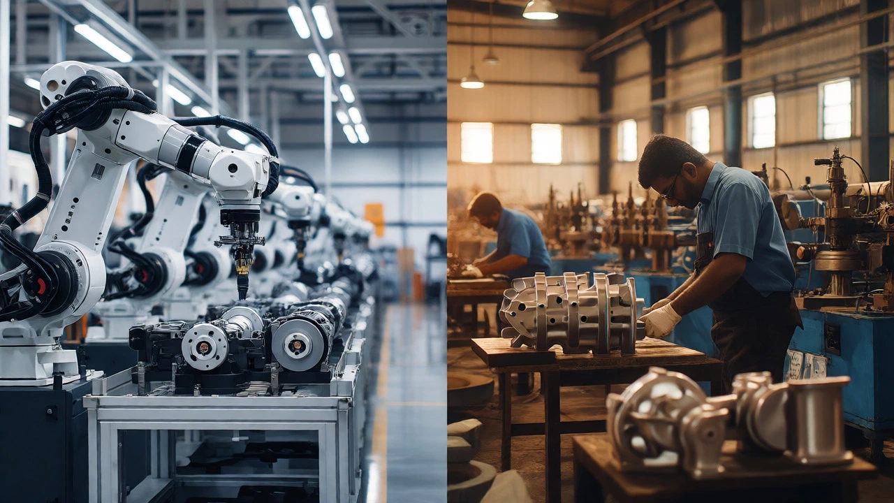 Split view comparing high-tech automated assembly with Indian manufacturing facilities