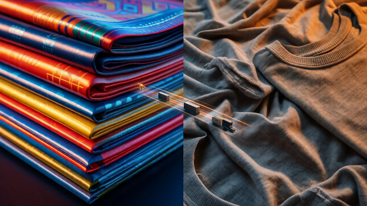 Split view comparing shiny synthetic fabrics and matte cotton textiles