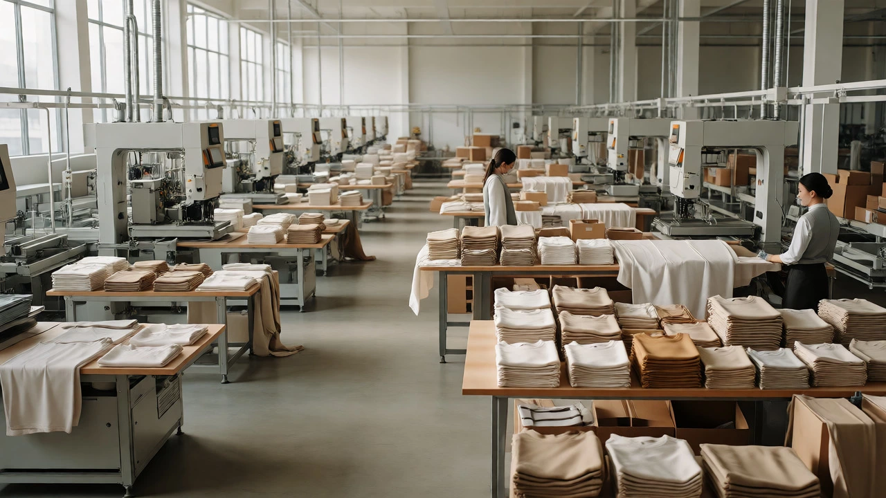 Sustainable textile factory with workers inspecting packaged t-shirts