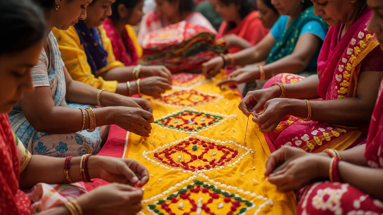 Women tying knots for Bandhani fabric